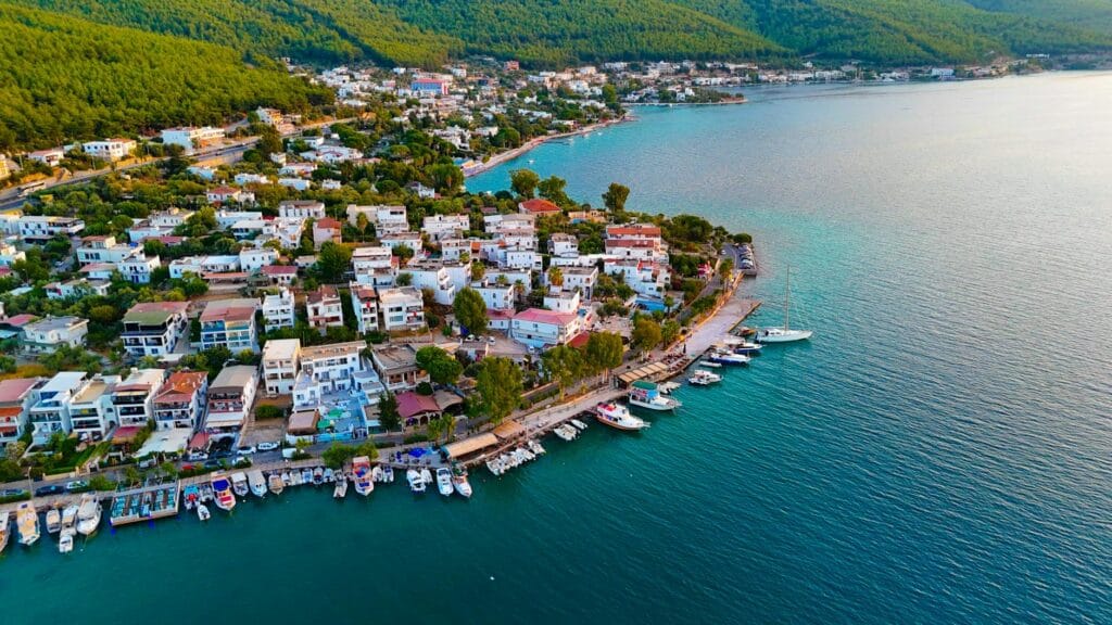 aerial view of coastal town by the sea
