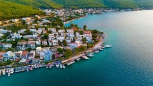 aerial view of coastal town by the sea