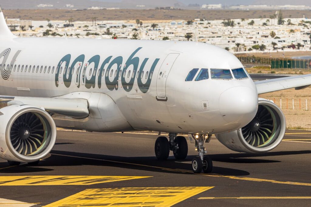 Commercial airplane on the runway at a Spanish airport