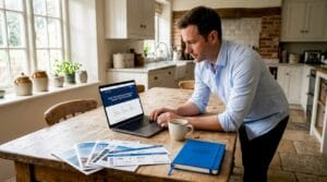 Man researching upgrades at home kitchen