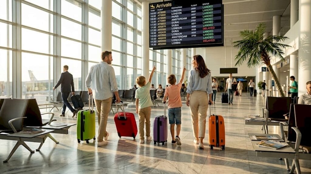 Family walking through arrivals hall with luggage