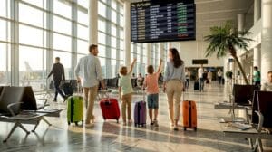 Family walking through arrivals hall with luggage