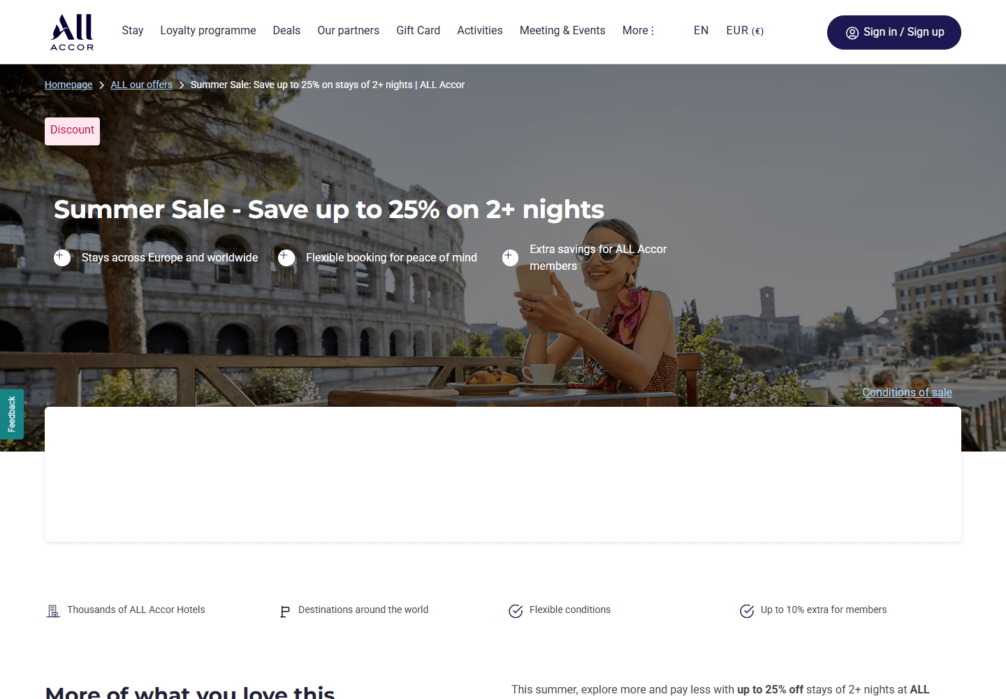 Accor summer sale page showing 25% off hotel stays