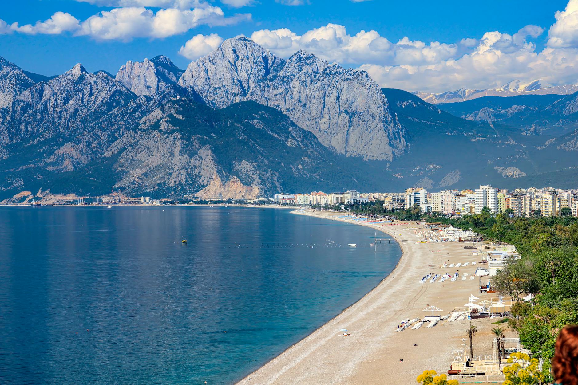 Aerial view of Antalya beach with Taurus Mountains behind, Turkey