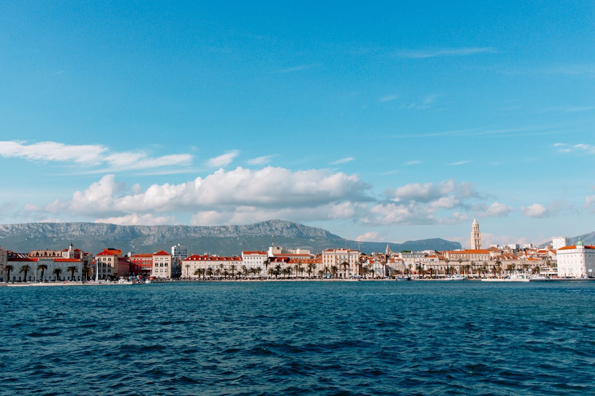 Split waterfront promenade with Diocletians Palace and Adriatic sea, Croatia