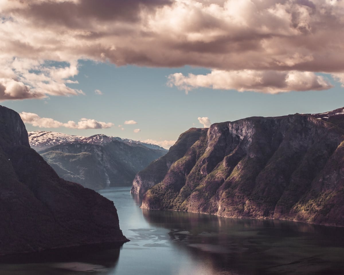 Aurlandsfjord Norway, steep green cliffs reflected in still blue water