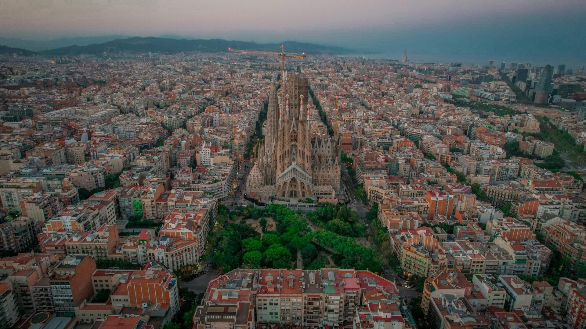 Aerial view of Barcelona city blocks and streets from above