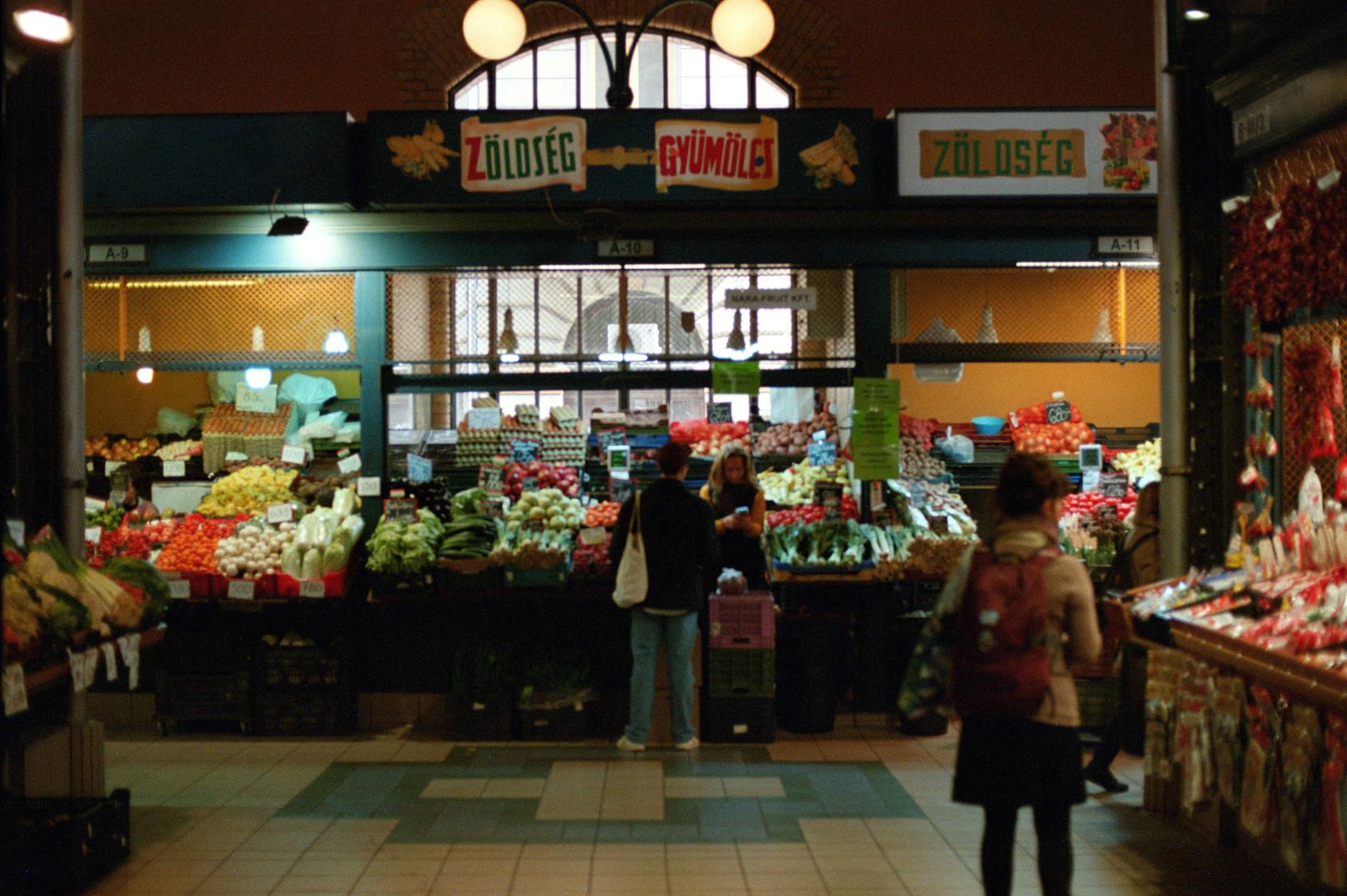 Fresh produce stalls inside the Great Market Hall in Budapest.