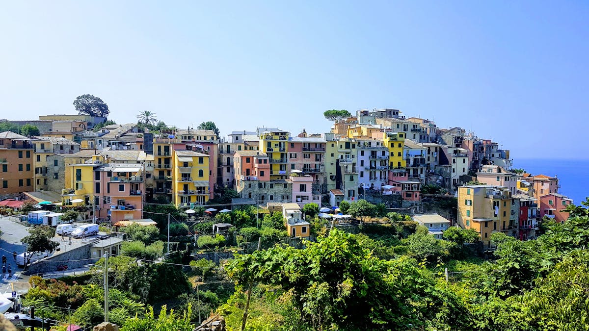 Corniglia village perched high on the cliffs above the Cinque Terre coastline