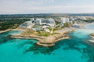 Aerial view of Cyprus seaside resort with turquoise waters