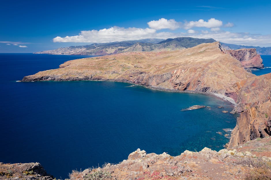Aerial view of Madeira volcanic coastline with blue waters