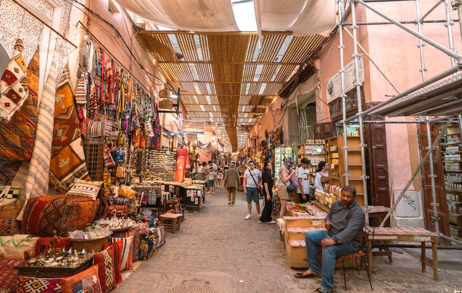 Souk in Marrakech with traditional crafts and vibrant colours