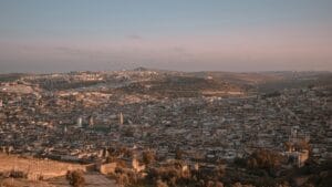 Aerial cityscape of Fez, Morocco at sunset