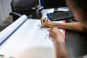 Woman writing on a large desk calendar in an office, planning days off work
