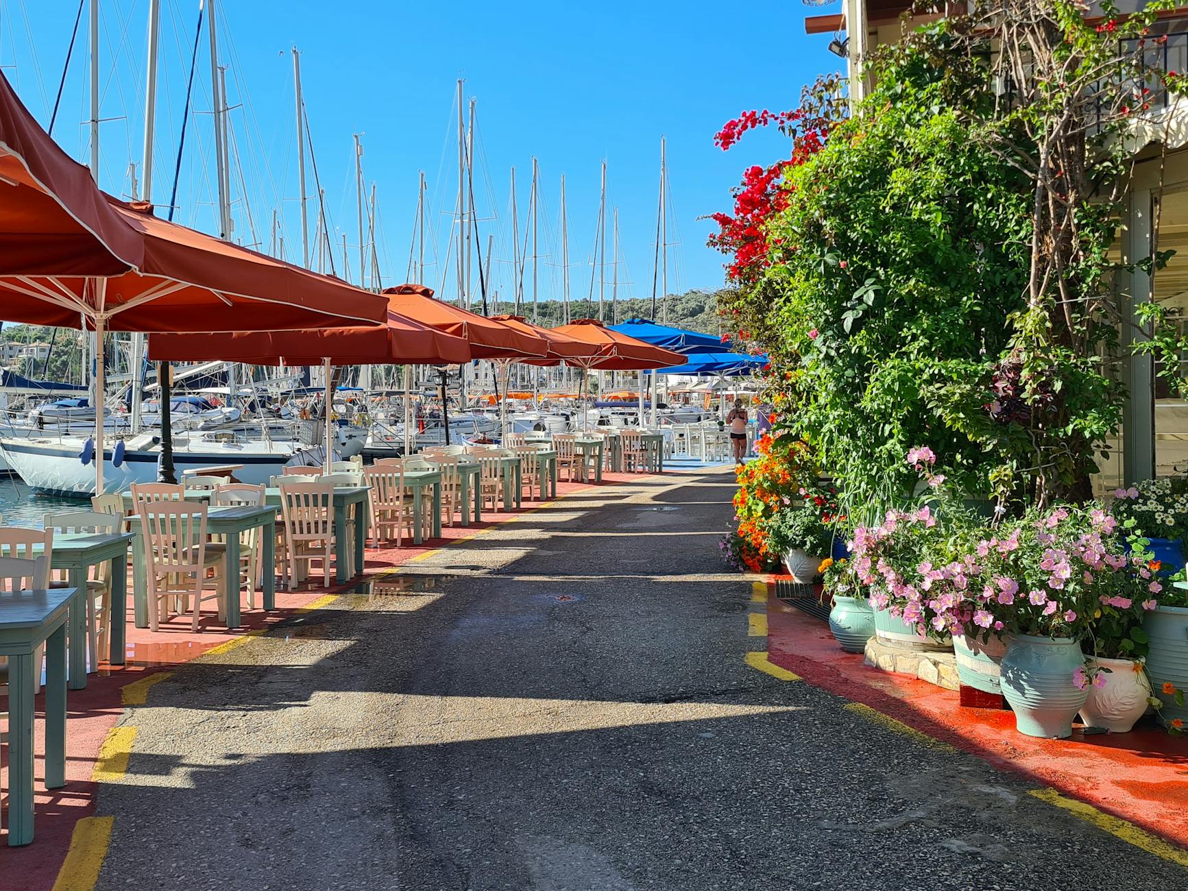 Colourful Greek taverna by the marina with tables, umbrellas and boats, Lefkada