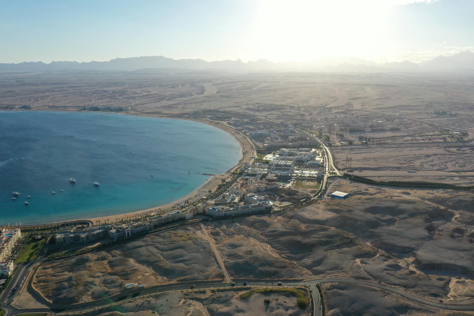 Aerial view of the Hurghada coastline and Red Sea at sunset