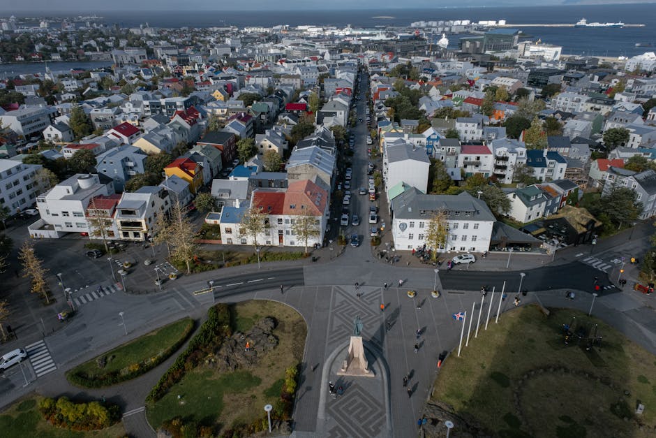 Aerial view of colourful houses in a Reykjavik neighbourhood, Iceland