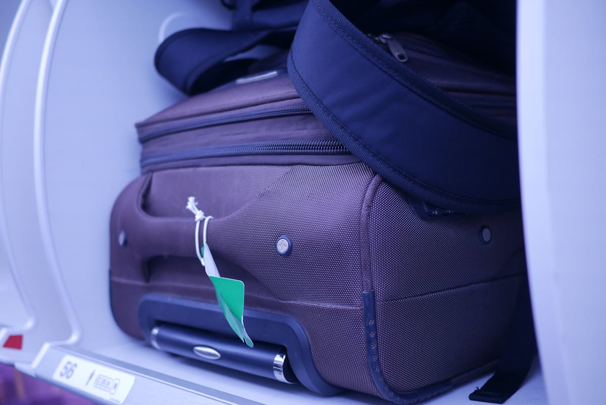 Cabin bags stowed in a Jet2 overhead locker