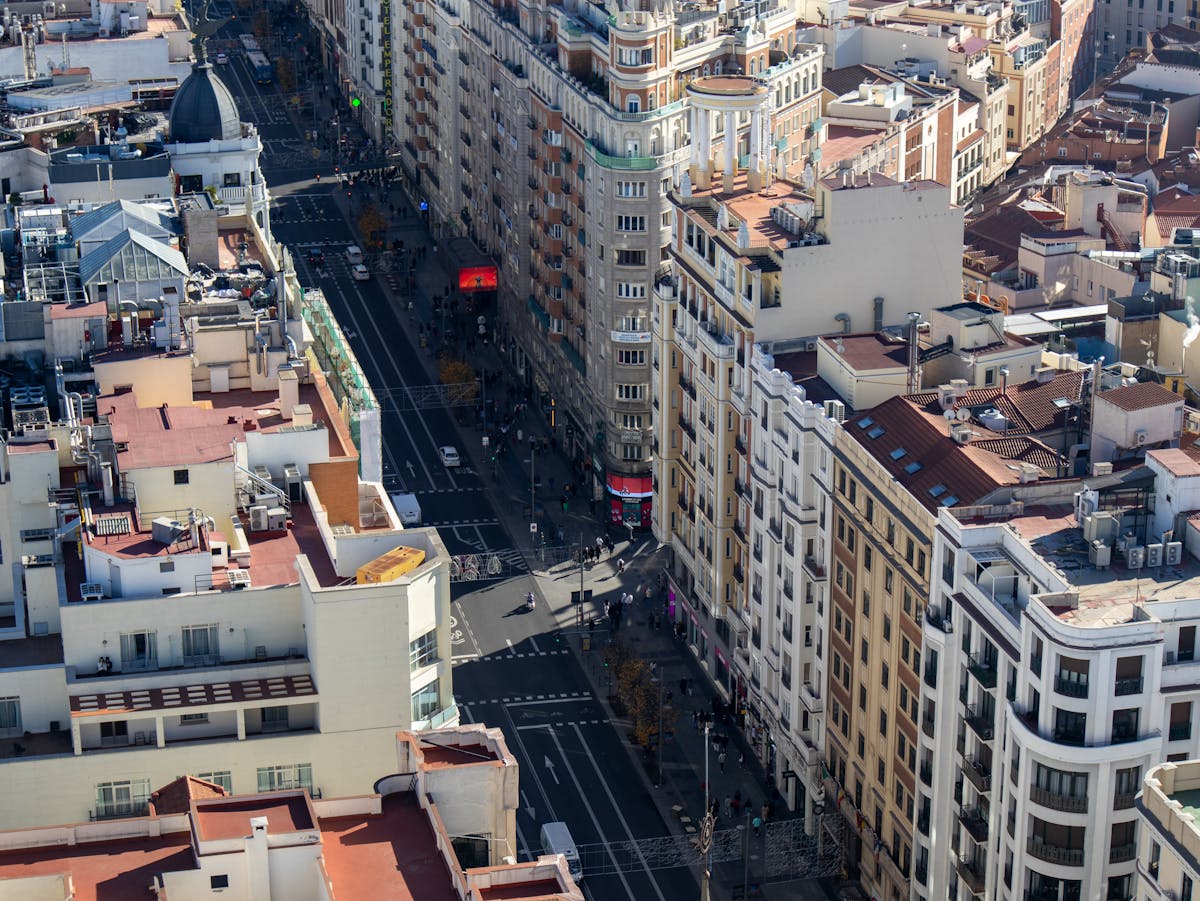 Aerial view of Gran Via, Madrid's main central boulevard, lined with ornate architecture