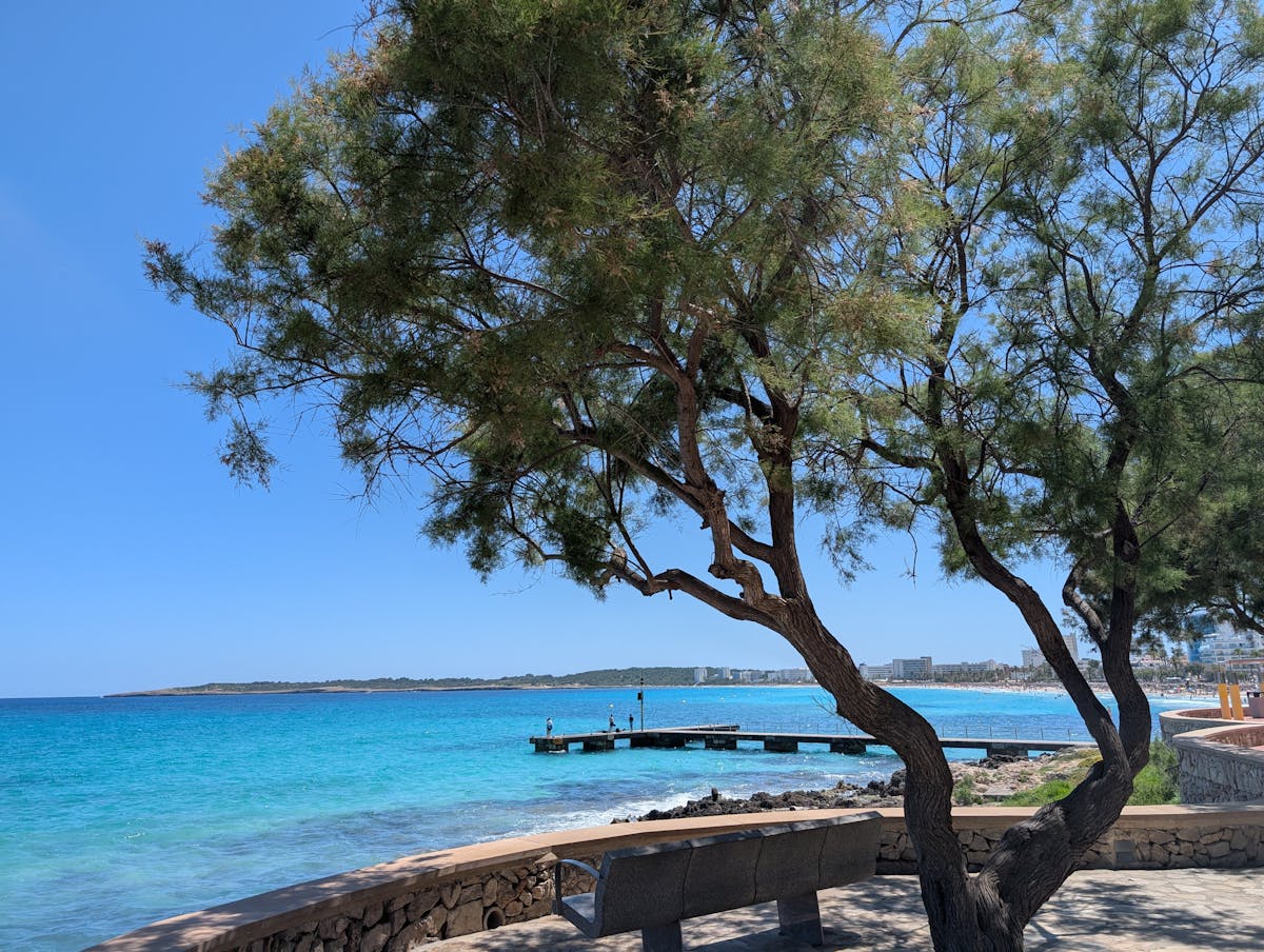 Clear turquoise water and sandy beach in Majorca on a summer day