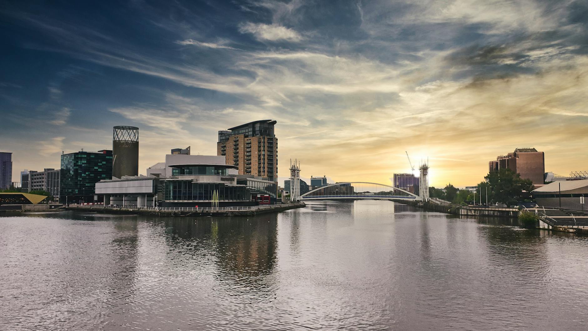 Salford Quays and MediaCity in Manchester at golden hour