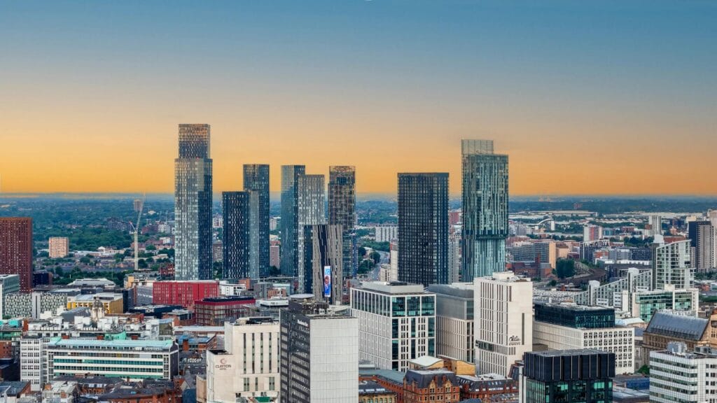 Manchester city skyline at sunset