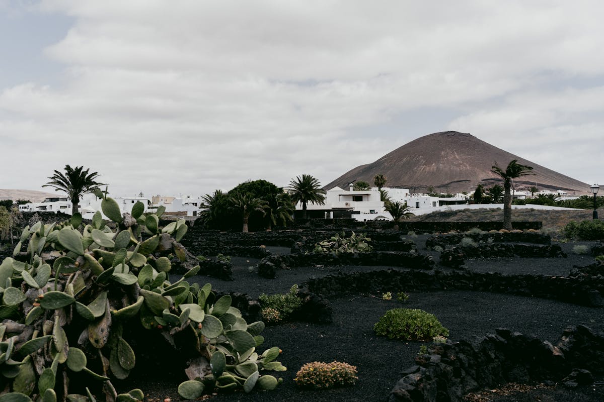 Picturesque white village in Lanzarote with volcanic mountains behind