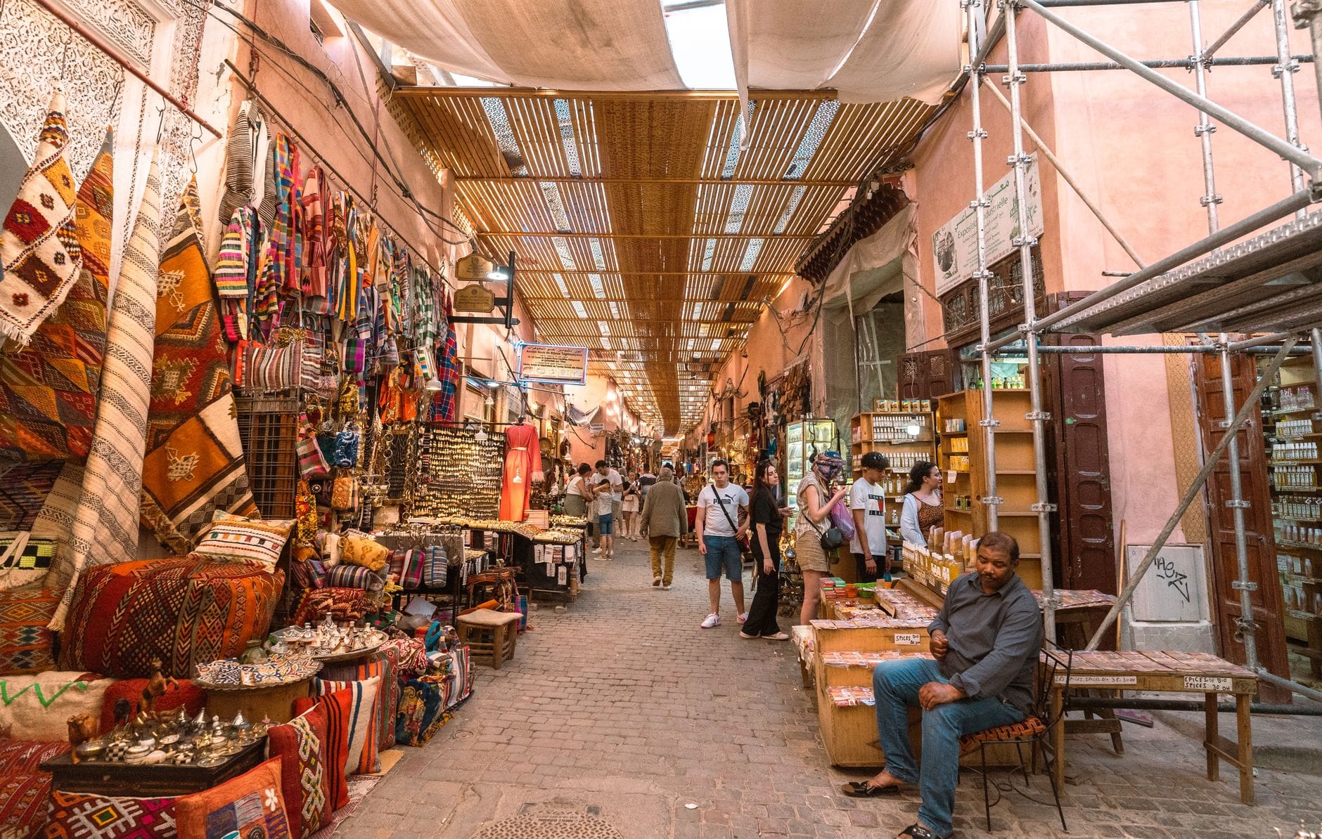 Vibrant colours and lively atmosphere of a Marrakech souk