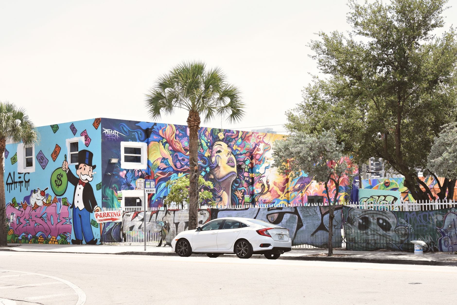 Colourful street art murals on a building in Miami's Wynwood arts district
