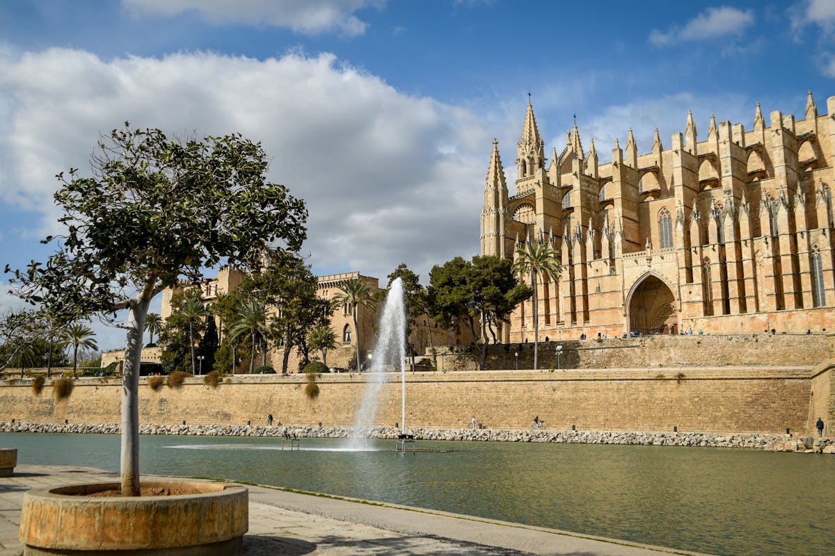 Palma Cathedral La Seu and Almudaina Palace with reflecting pool, Majorca