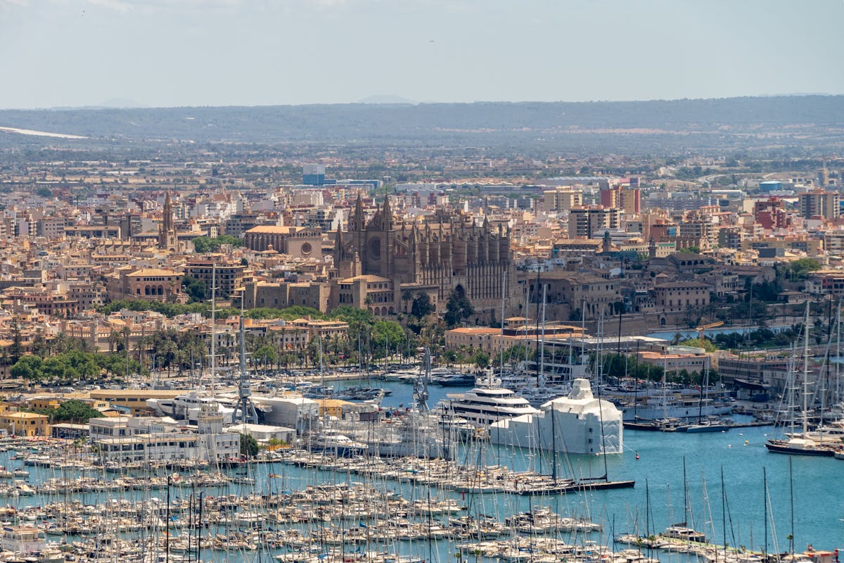 Palma de Mallorca city skyline and port seen from the water