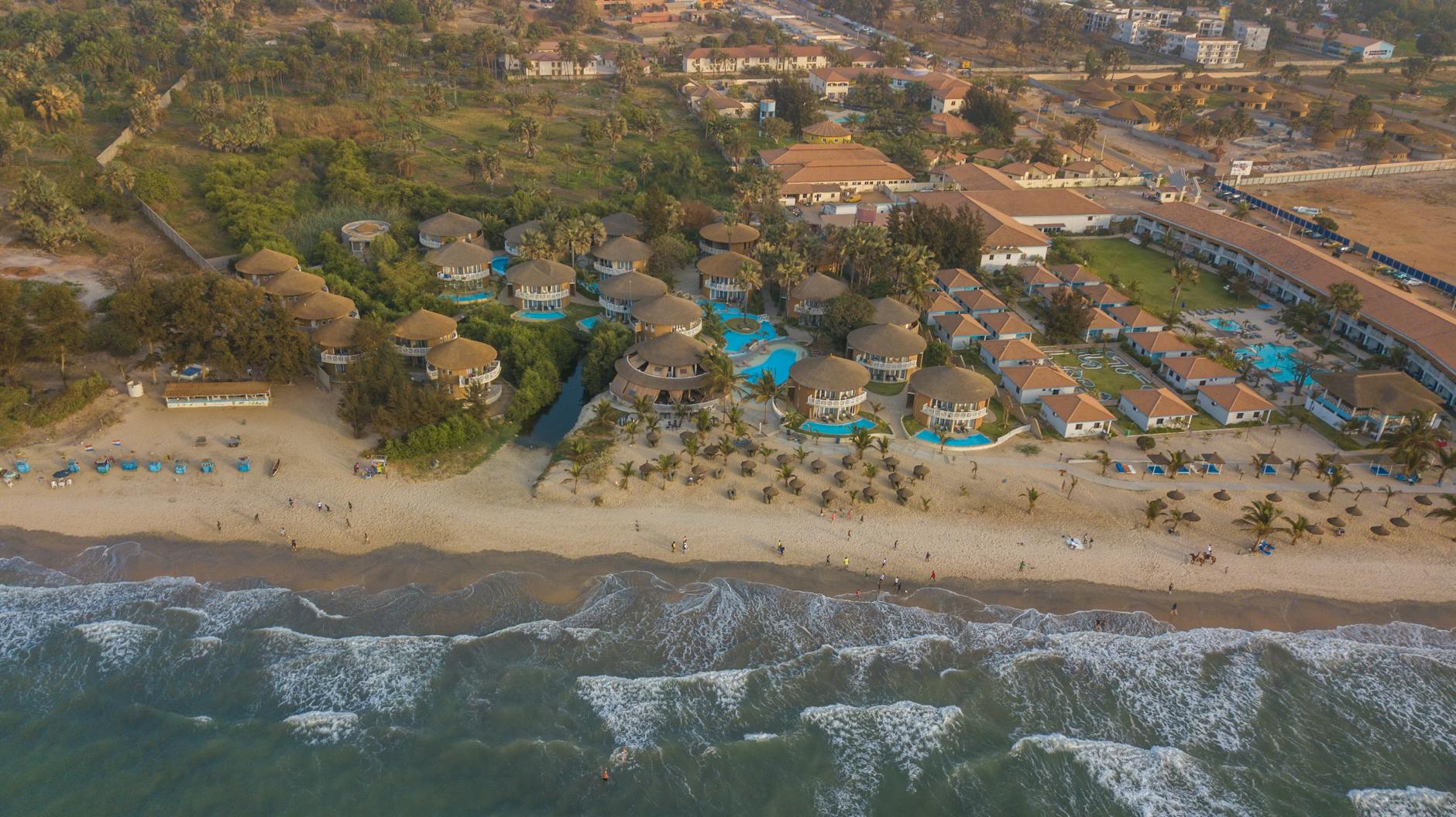 Aerial view of a beachfront resort in The Gambia