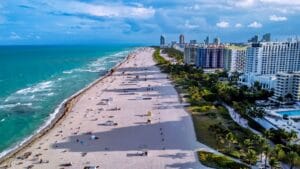 city with beach on sea shore