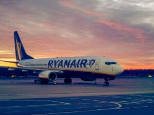 ryanair aircraft at sunset in poland airport