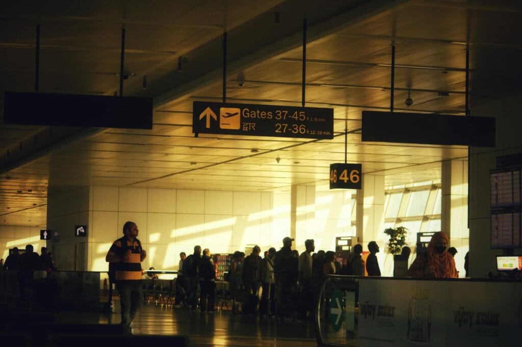 Passengers at an airport departure gate