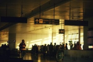 Passengers at an airport departure gate