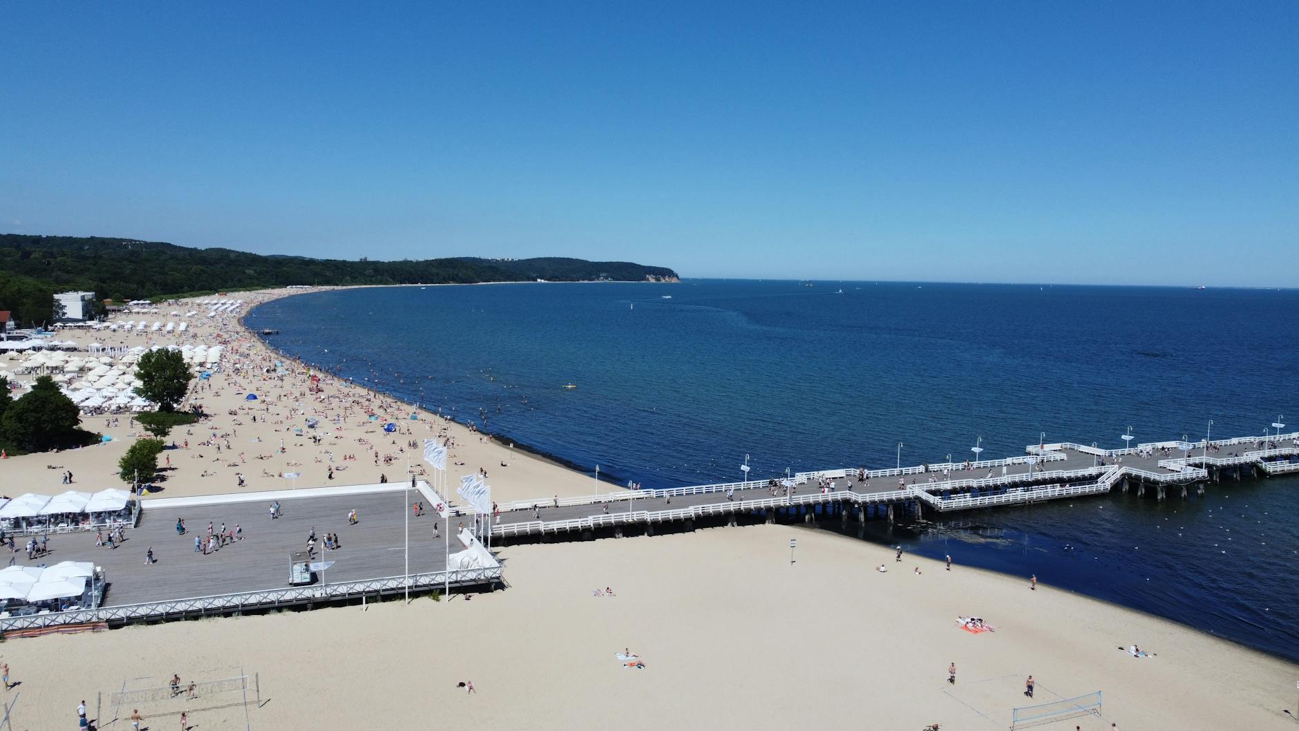 Aerial view of Sopot Pier stretching out over the Baltic Sea Poland