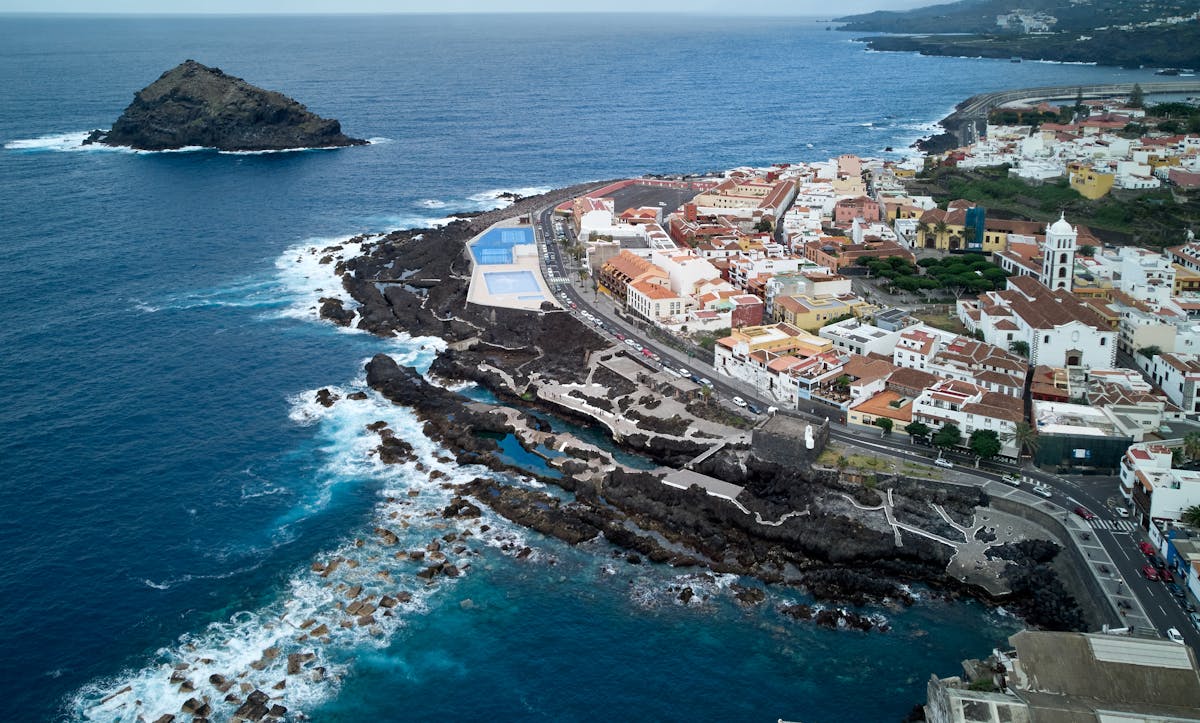 Aerial view of Garachico natural swimming pools on the volcanic coastline of Tenerife