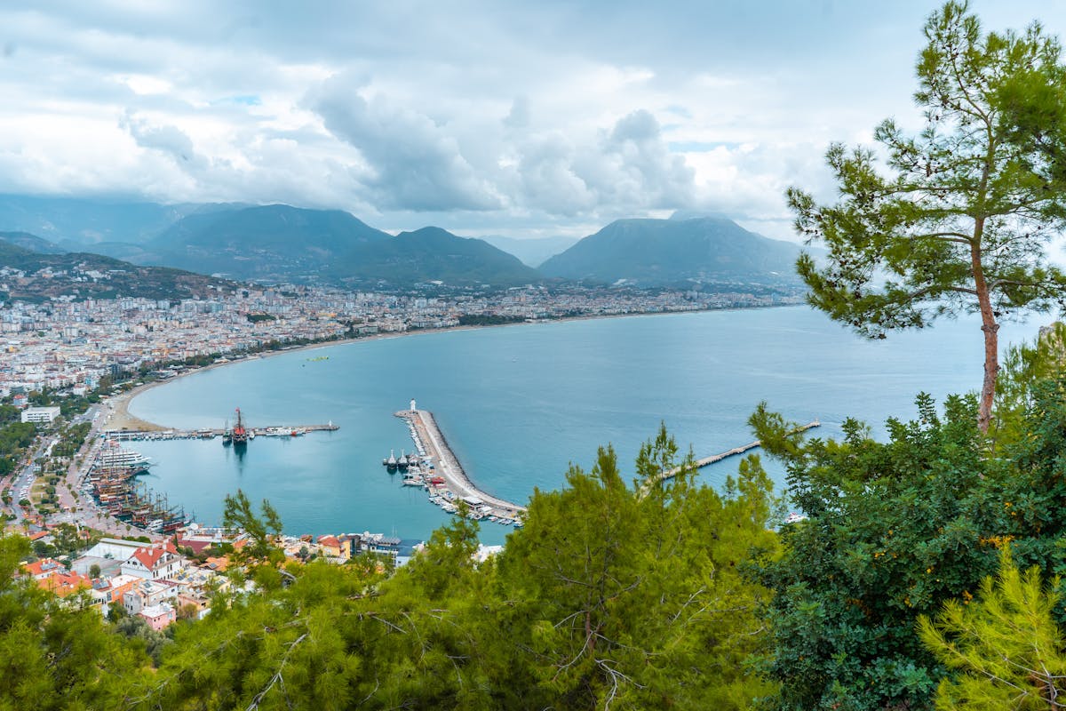 Aerial view of the Antalya coastline with turquoise sea and limestone cliffs, Turkey