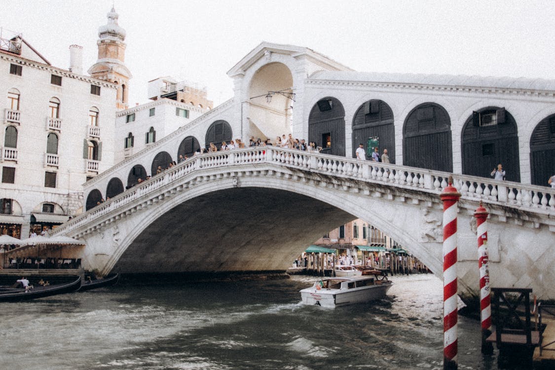 Rialto Bridge over the Grand Canal in Venice with traditional gondolas below