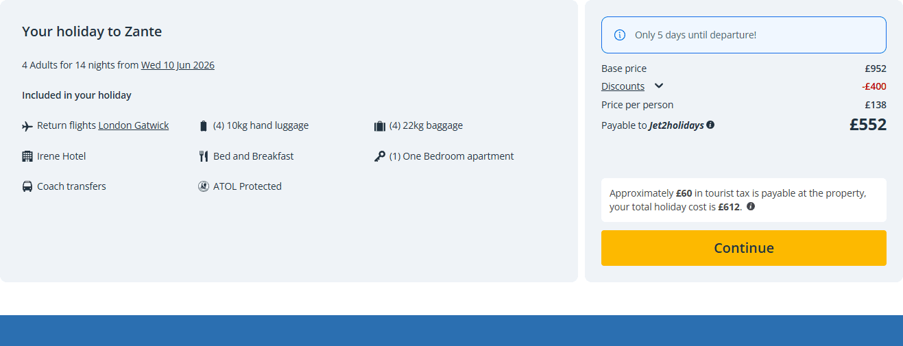 Jet2holidays price panel for Irene Hotel in Zante showing the checked package price and inclusions