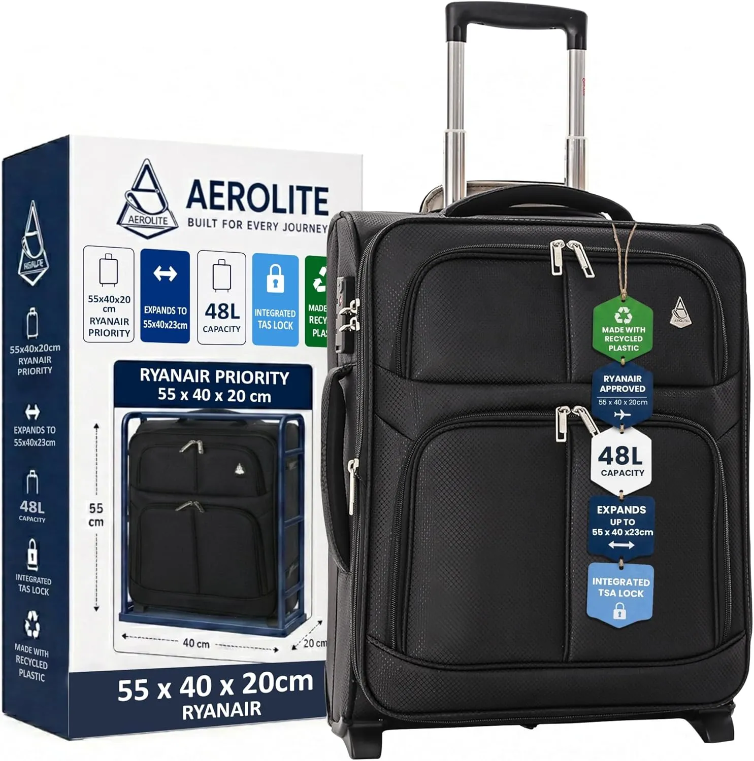 Aerolite Expandable 2-wheel soft-shell trolley for Wizz Air Priority 55x40x23cm allowance