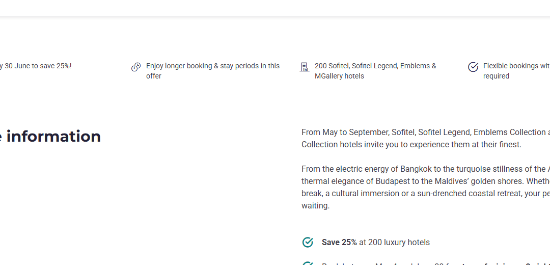 Screenshot of the Accor luxury sale showing the 25% discount and 200 participating hotels