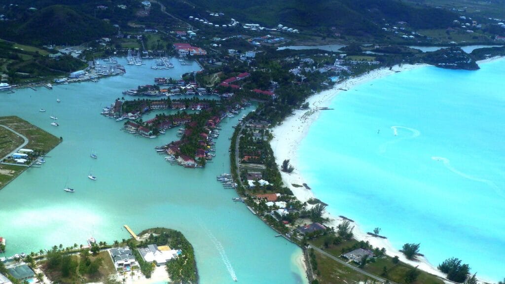 Aerial view of Jolly Beach and Jolly Harbour in Antigua
