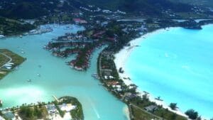 Aerial view of Jolly Beach and Jolly Harbour in Antigua