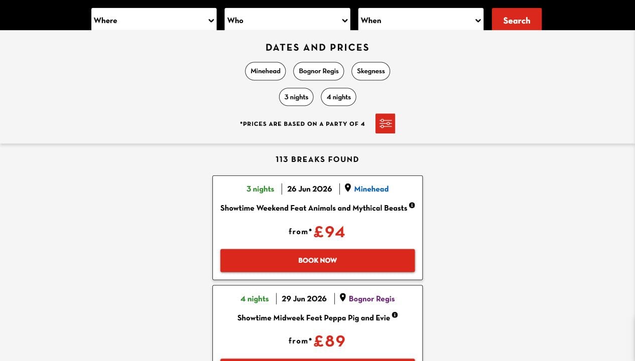 Butlin's breaks under £99 page showing checked price examples
