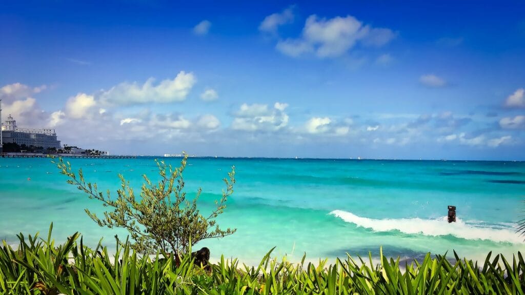 Cancún beach with turquoise Caribbean water and green palm-fringed coastline
