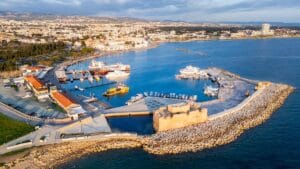 Aerial view of Paphos Harbour and castle, a Cyprus budget travel guide