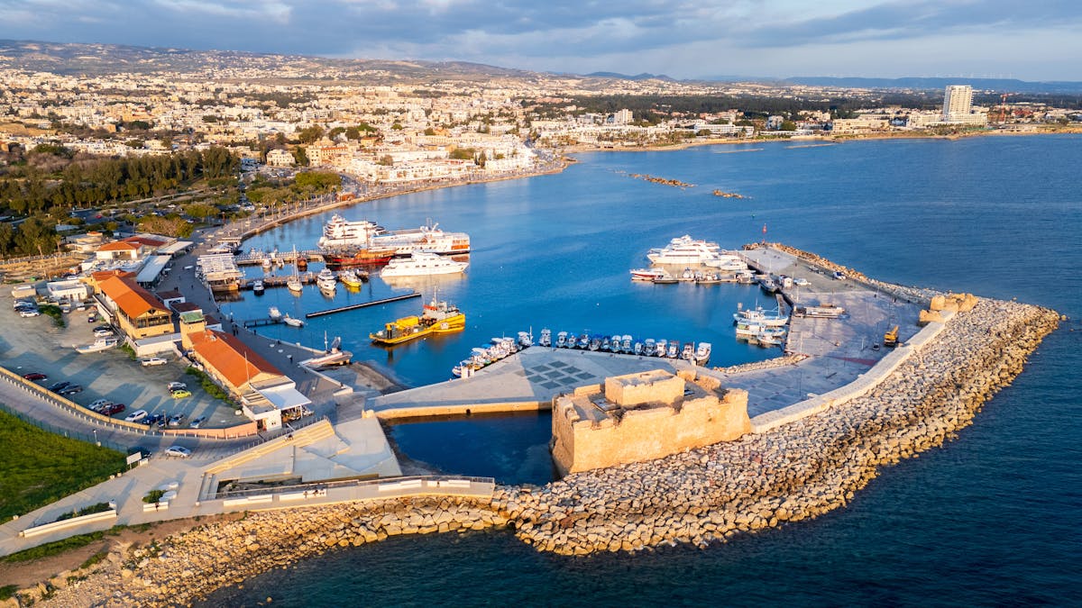 Aerial view of Paphos Harbour and castle, a Cyprus budget travel guide