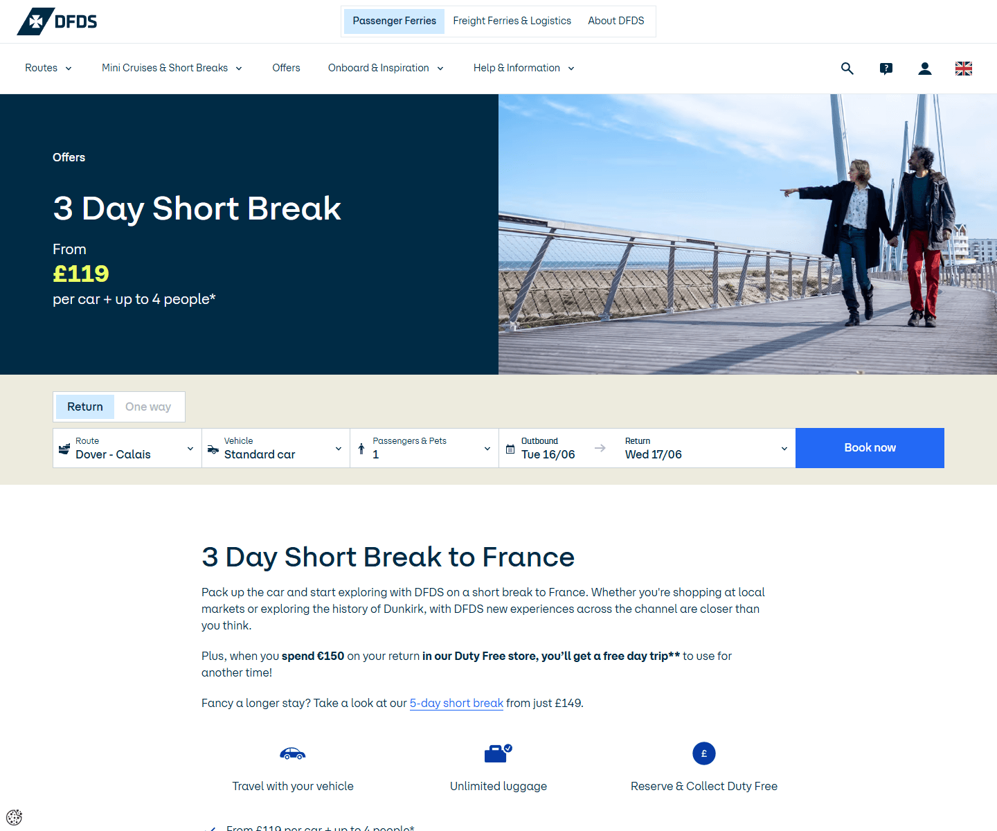 DFDS three-day short break page showing ferry travel from £119 per car